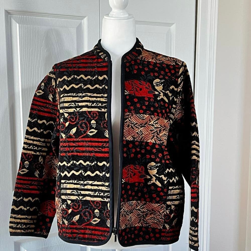 Studio Works boxy zip front carpet jacket  Petite Large abstract block print